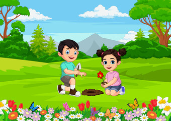 HAPPY BOY AND GIRL PLANTING FLOWERS