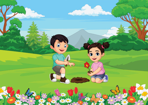 HAPPY BOY AND GIRL PLANTING FLOWERS