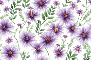 Floral seamless pattern with colorful flowers cosmos, coreopsis, bells, lavender and green leaves on branches. Delicate watercolor illustration on white background for textile or wallpapers.