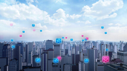 Social media Connection technology concept future network city background and futuristic interface graphic