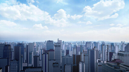 Aerial view of skyscrapers and buildings in skyline, day light Camera moving around buildings 3d rendering