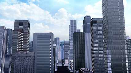 Aerial view of skyscrapers and buildings in skyline, day light Camera moving around buildings 3d rendering