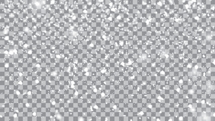 Falling snowflakes on a transparent dark background. Overlay design element. Winter decoration for New Year and holiday. Vector illustration.
