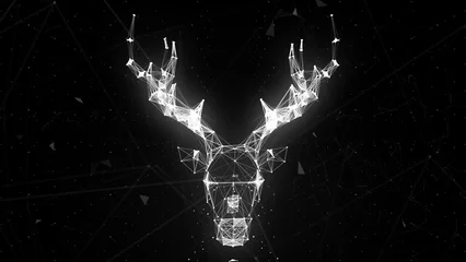 Deurstickers Abstract polygonal deer design. Dissolved white glittering particles Image animal triangle art deer with horn. 3D motion of holographic effect. 3d rendering © Kitti