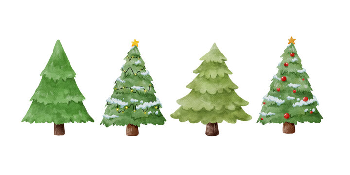 Christmas Tree Watercolor Collection. Set of pine green tree for Merry Christmas winter card. Cute tree forest cartoon isolated on white background vector illustration