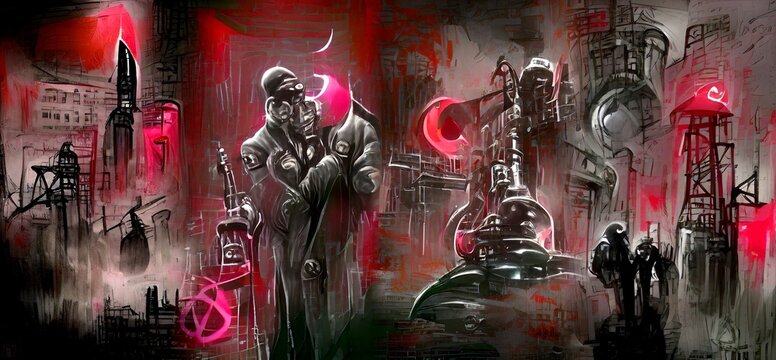 Illustration of a nightmarish future world, a real dystopia, an apocalyptic world of science fiction, a real futuristic nightmare where the atmosphere is heavy, polluted and without sunlight. 