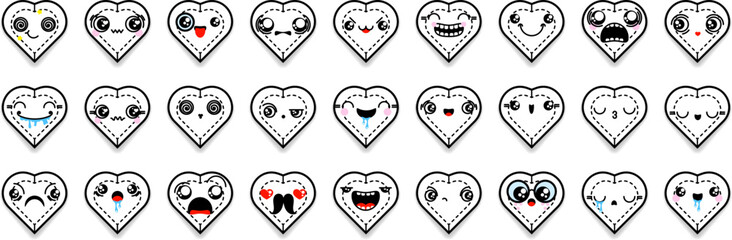Set of cartoon heart icons with different emotions, smile, faces. Mixed outline doodle emoticons