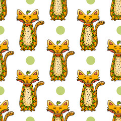 Seamless pattern with cute cartoon doodle cat