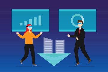 men and a woman wearing goggle headset with touching vr interface 2d vector illustration concept for banner, website, illustration, landing page, flyer, etc