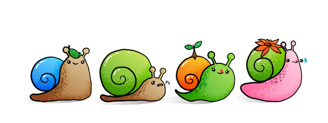 Kawaii snail character with shell and cartoon snailfish or snail-like mollusk. Kids illustration, set of lovely snail-paced slugs with random emoji, isolated on white background © Drekhann