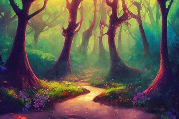 Watercolor and oil fantasy forest landscape, magic trees, mushrooms, glowing. Digital painting illustration concept art of mystic nature, outdoor drawing wall art print. Wonderland fairy tale artwork - obrazy, fototapety, plakaty