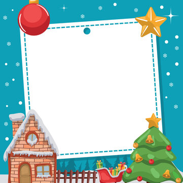 Merry christmas frame for picture with santa claus house, sleigh and christmas tree with snow in the background