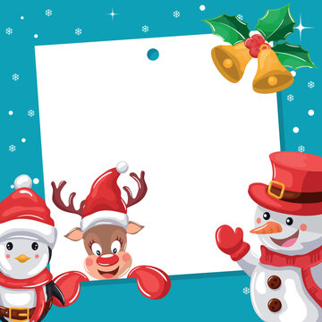Merry christmas frame for picture with penguin, santa claus reindeer and snowman with snow background