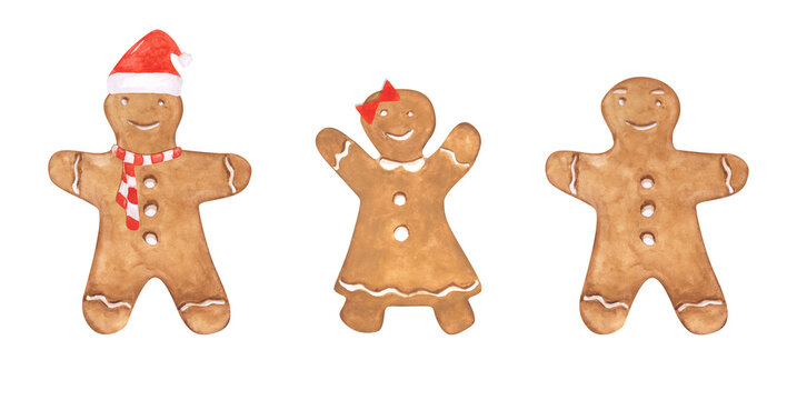 Set of 3 Gingerbread man clipart. Watercolor gingerbread cookies isolated. Cute Christmas gingerbread man, man with a Santa's hat and a scarf, and a buscuit girl with icing decor.
