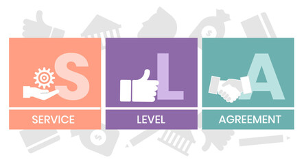 SLA - Service Level Agreement acronym, business concept background. Concept with keywords, letters and icons. Colored flat vector illustration. Isolated on white background.