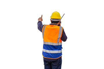 Rear view of Engineer under inspection and checking project at the building site, Foreman worker in hardhat at the infrastructure construction site