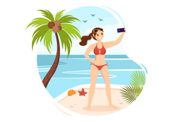 Swimwear with Different Designs of Bikinis and Swimsuits for Women at the Summer Beach in Flat Style Cartoon Hand Drawn Templates Illustration