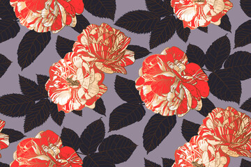 Floral repeating pattern of white-red roses and black leaves with bronze outlines on heliotrope grey. Wallpaper design for textiles, paper, print, fashion, card background, beauty products.