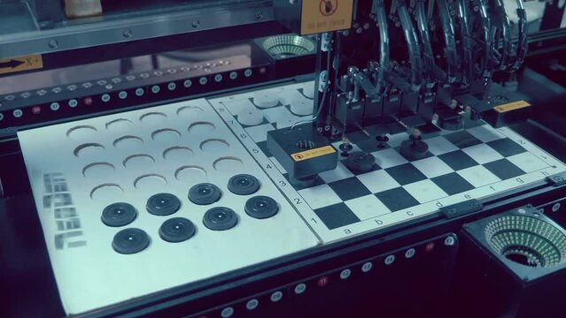 Programmable industrial machine for carrying objects using vacuum suction cups. Setting up equipment for playing checkers in the show for visitors to the exhibition