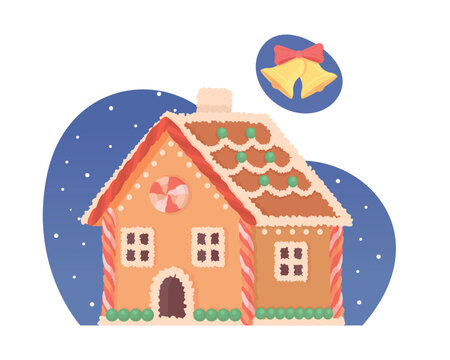 Gingerbread house 2D vector isolated illustration. Christmas season flat object on cartoon background. Traditional decoration colourful editable scene for mobile, website, presentation