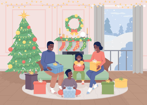 Unwrapping presents with family flat color vector illustration. Wintertime. Holiday tradition. Decorated home. Fully editable 2D simple cartoon characters with christmas tree on background