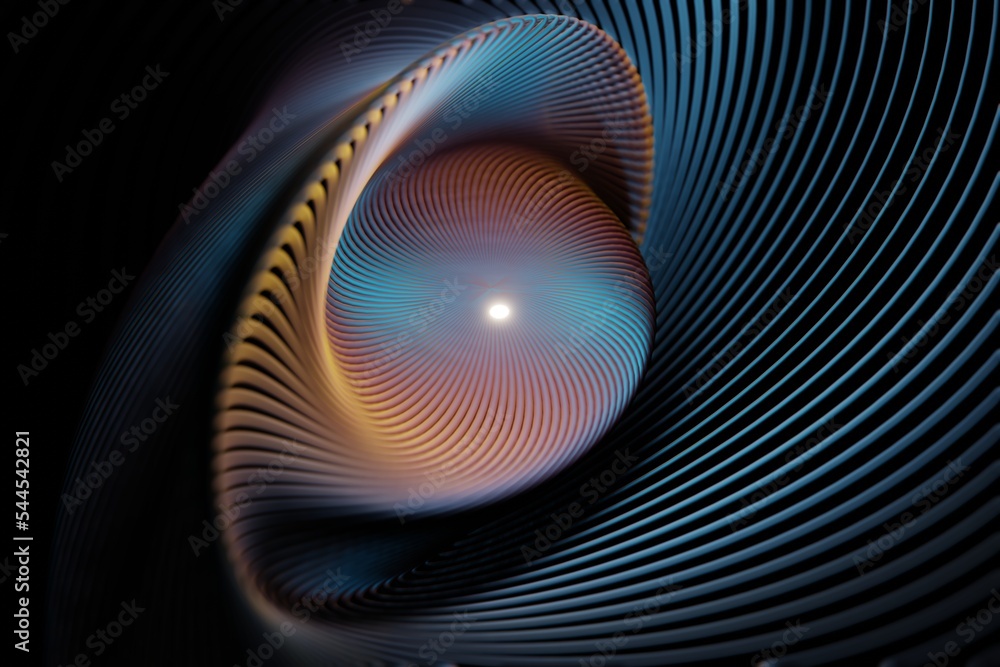 Poster Beautiful Geometric colorful abstract image in spiral. Starburst dynamic wave. 3d rendering illustration Background pattern for design.