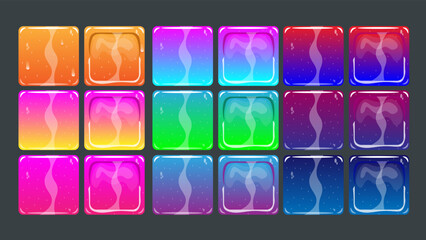 Gui assets, multicilored slime buttons. Cartoon colorful square glossy frames set. Vector elements for game or web ui design. 