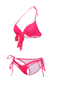 Subject shot of a two-piece pink swimsuit composed of low-rise bikinis with thin side ties and a bra with a bow and a neck strap. The photo is made on the white background. Side view.
