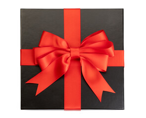 black gift box with red bow and ribbon isolated. top view