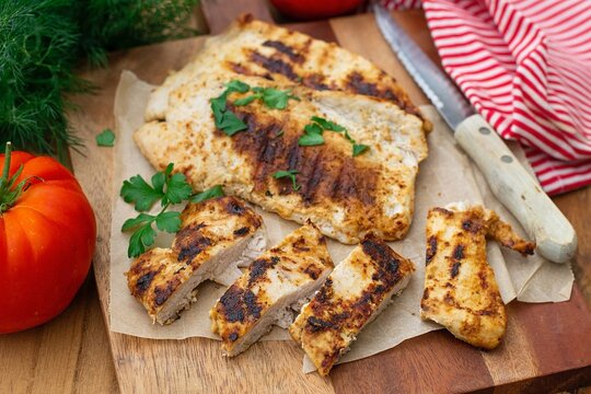 Grilled chicken breasts in yogurt marinade with garlic