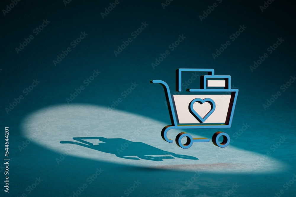 Poster beautiful abstract illustrations cart and heart symbol icon on a dark blue background. 3d rendering 