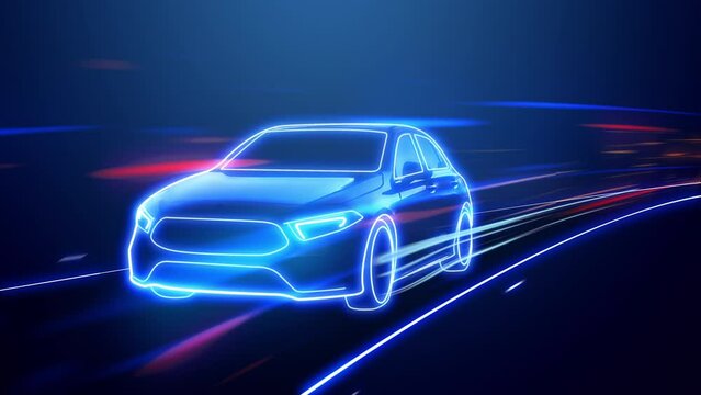 Abstract animation of a futuristic blue formula 1 speed in 4K UHD, cgi made with wireframes on an animated futuristic to highlight the automobile and it's technology and engineering 3D rendering