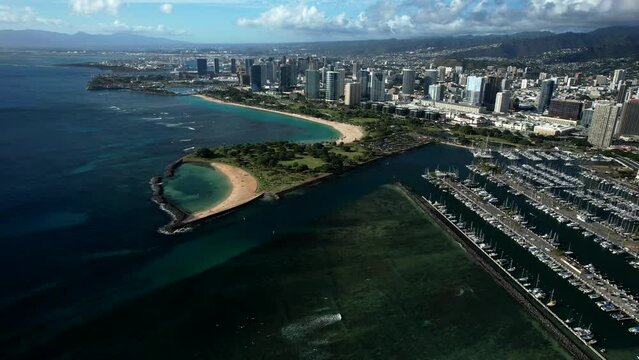 Drone video of Magic Island, the Ala Wai Boat Harbor, and Ala Moana on Oahu, Hawaii