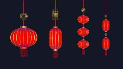 Set of chinese lanterns isolated on background in vector format. Traditional Asian lanterns for festival. Decorative elements in japanese style.