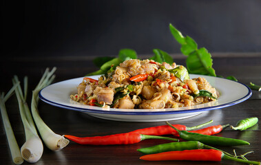 Stir streaky pork with lemongrass and shrimp paste, thai food,