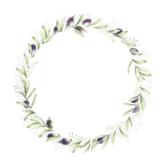 Fototapeta na wymiar Watercolor wreath of olive. Hand drawn template with plant.