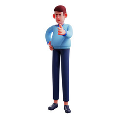   3D illustration. 3D Worker Cartoon Character showing angry face. with hands on waist and greeting. wear neat clothes. 3D Cartoon Character