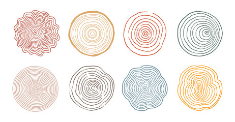 Tree ring wood circle set. Hand drawn tree ring pattern, line ripple circle wood texture. Wood organic slice line design. Vector illustration. - obrazy, fototapety, plakaty