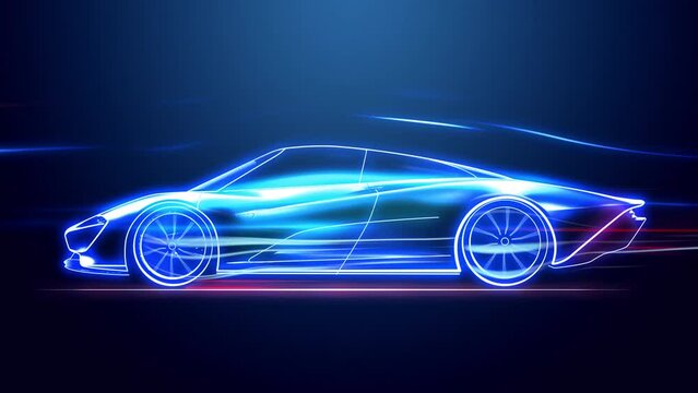 Abstract animation of a futuristic blue formula 1 speed in 4K UHD, cgi made with wireframes on an animated futuristic to highlight the automobile and it's technology and engineering 3D rendering