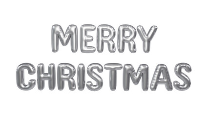 Merry Christmas Text for Christmas and New Year festival Metallic gold foil balloons. 3D render Silver Platinum Helium balloons.