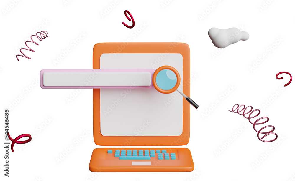 Aufkleber orange laptop computer monitor with blank search bar, magnifying glass, cloud isolated. minimal web 
