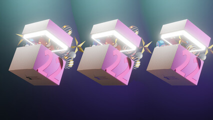 Three boxes opened slightly to reveal bright christmas decorations escaping 2022