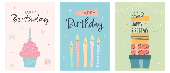 Happy birthday greeting card set, hand drawn style.