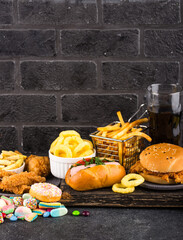 Assortment of various unhealthy junk food.