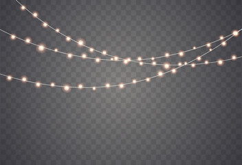 Christmas lights are isolated. Glowing lights for Xmas Holiday cards, banners, posters, and web design. String garlands decorations.