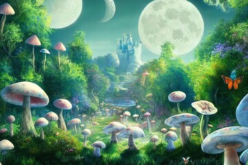 fantastic wonderland landscape with mushrooms, lilies flowers, morpho butterflies and moon. illustration to the fairy tale Alice in Wonderland - obrazy, fototapety, plakaty