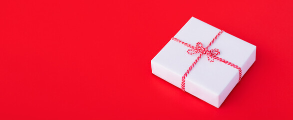 banner gift box on a red background top view with place for text