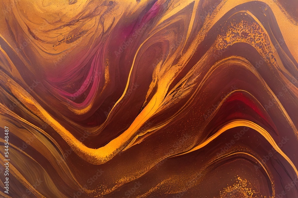 Wall mural Luxury abstract fluid art painting in alcohol ink technique, mixture of brown, maroon and gold paints. Imitation of marble stone slice, glowing golden veins. Minimalistic graphic shapes. - Wall murals