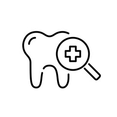 Dental check-up icon. Tooth with magnifying glass. Pixel perfect, editable stroke