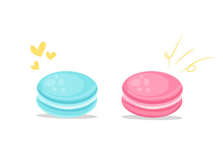 Two Cute Macaron Characters in Love. Hand Drawn Vector Illustration. Cozy bakery illustration for café decoration, greeting card, print, art. Hand draw font 